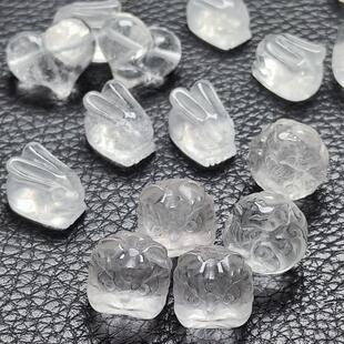 天然白水晶雕刻小配件手串diy配饰 手链挂件醒狮九尾狐兔子胖桃心