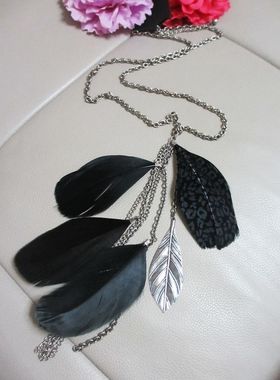 出口外贸饰品欧美时尚夸张派对表演羽毛金属树叶项链毛衣