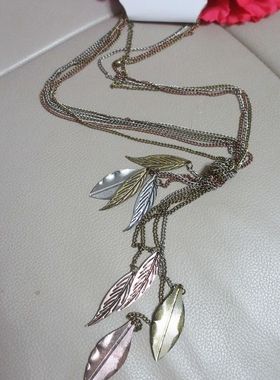 出口外贸饰品欧美时尚做旧派对树叶流苏金属多层项链毛衣链