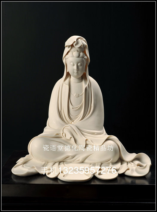 瓷语堂/德化陶瓷雕刻白瓷收藏佛像披坐观音净刘铭志大师金奖签名