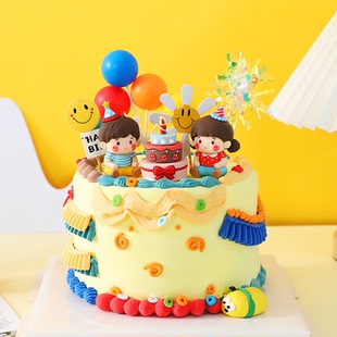 派对帽男孩女孩软胶摆件迷你三层小蛋糕生日蛋糕双胞胎卡通玩偶