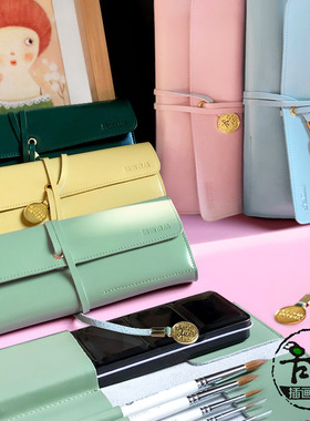 插画良品定制牛皮笔袋水彩美术专用便携画具包大容量简约墨绿色