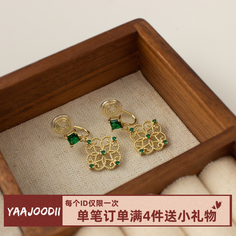 复古祖母绿锆石超仙镂空耳坠气质古风耳环小众无耳洞蚊香盘耳夹女