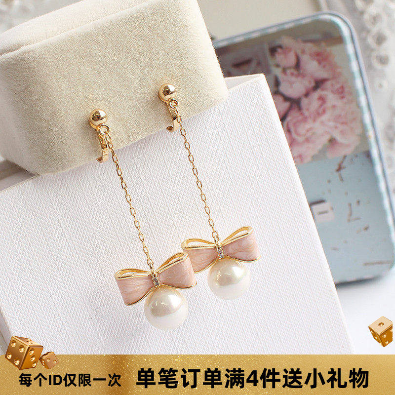 韩版清新甜美简约长款母贝画油立体蝴蝶结贝壳珍珠耳坠无耳洞耳夹