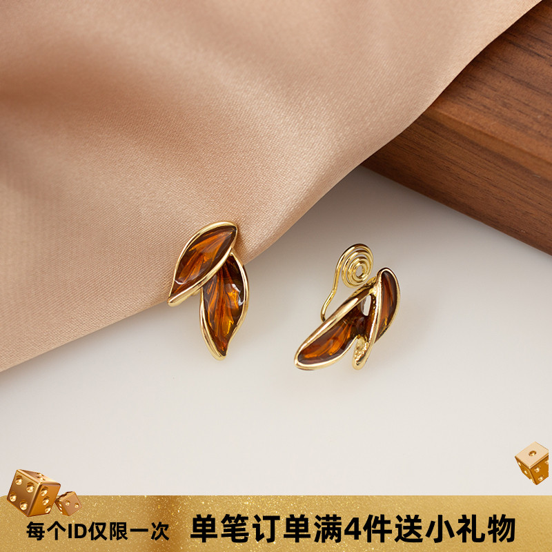 秋冬美拉德棕色落叶耳环无耳洞