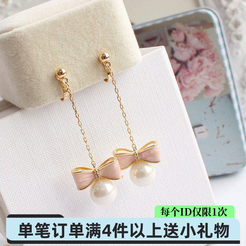 韩版清新甜美简约长款母贝画油立体蝴蝶结贝壳珍珠耳坠无耳洞耳夹