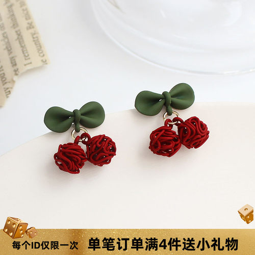 可爱红色樱桃耳钉蝴蝶结韩国