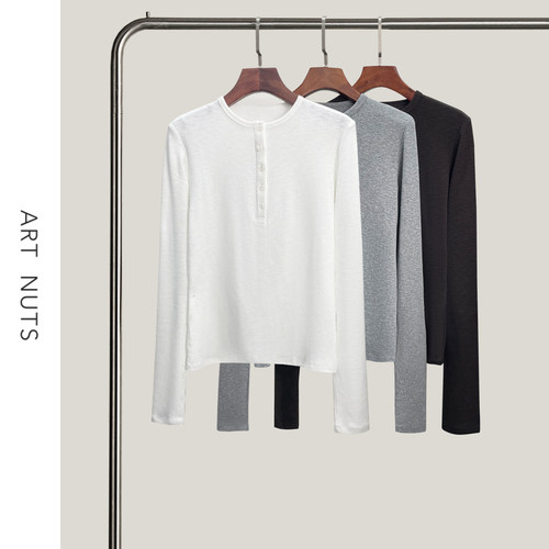 悦迷Art Nuts 简约的线条 秋冬圆领半开扣修身长袖休闲针织衫