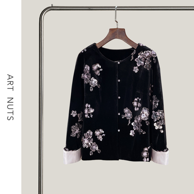 悦迷Art Nuts 追忆似水年华 新中式国风重工刺绣亮片黑丝绒外套
