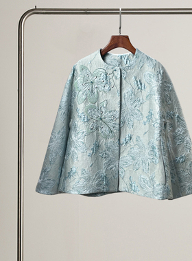 悦迷Art Nuts 追忆似水年华 新中式国风钉珠蓝色精致短款外套