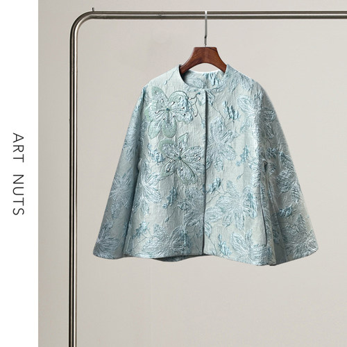 悦迷Art Nuts 追忆似水年华 新中式国风钉珠蓝色精致短款外套