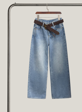 悦迷Art Nuts 简约的线条 秋冬浅蓝高腰显瘦加绒直筒休闲牛仔裤