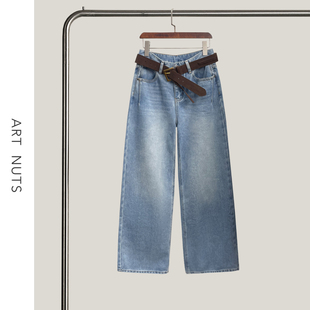 秋冬浅蓝高腰显瘦加绒直筒休闲牛仔裤 悦迷Art 线条 简约 Nuts