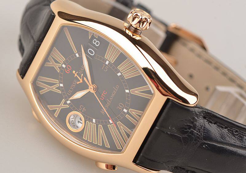 已售出【97新】雅典米开朗基罗黄金黑盘GMT大日历自动机械男表226-68/42