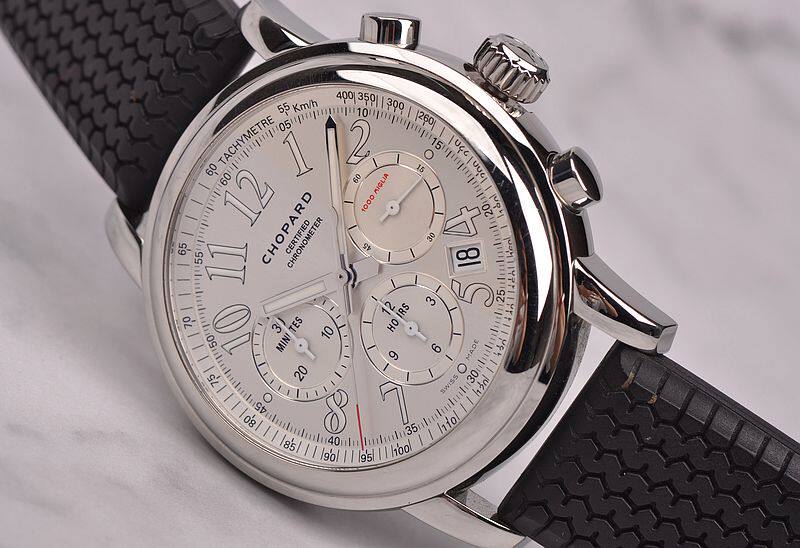 已售出【97新】萧邦经典赛车银白盘计时日历胶带自动男表168511-3015