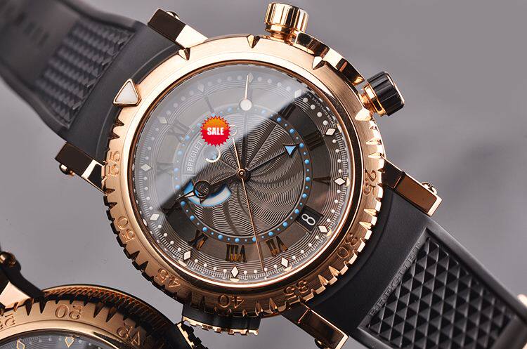 【97新】宝玑航海玫瑰金动显闹铃自动机械胶带男表5847BR/Z2/5ZV