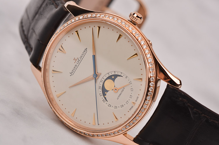 【98新】积家大师玫瑰金镶钻月相日历自动机械男表Q1362520有保卡