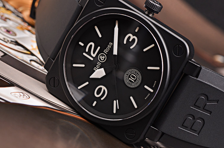 已售出【97新】柏莱仕限量版黑陶瓷及钢大三针自动机械男表BR01-92-10TH