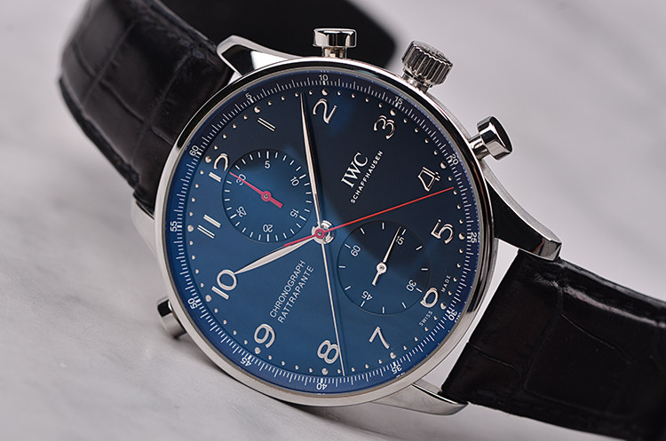 已售出【98新】万国葡萄牙蓝面追针计时自动机械折叠扣男表IW371217全套