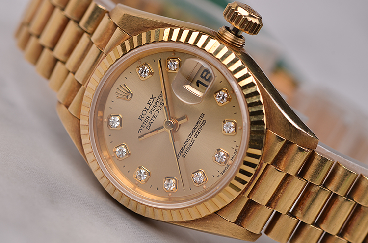 已售出【95新】劳力士女装日志型全黄金刻度钻大三针自动女表69178有纸