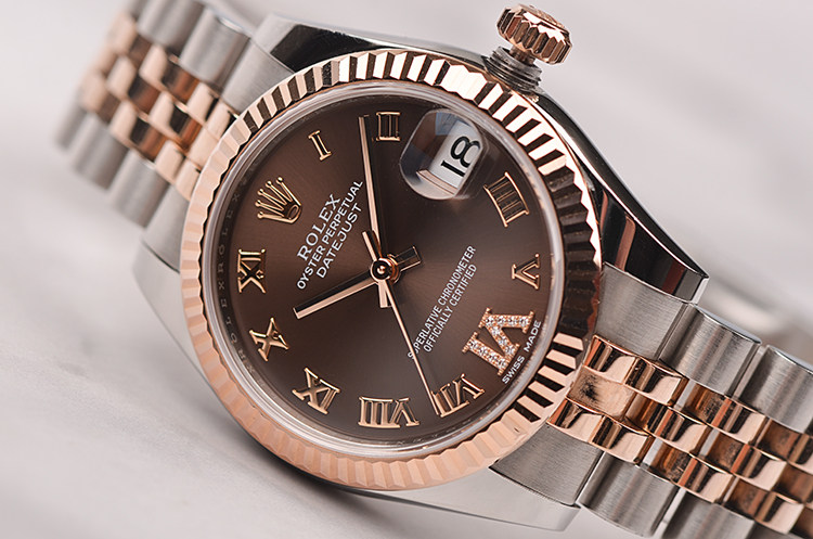 已售出【98新】劳力士女装日志性玫瑰金及钢巧克力面刻度钻女表178271