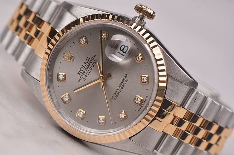 已售出【98新】劳力士日志型黄金及钢灰盘刻度钻大三针日历男表16233G
