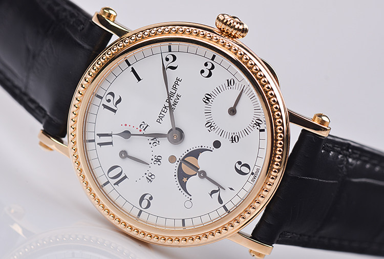 已售出【98新】百达翡丽黄金将官底动显月相自动机械皮带男表5015J-001