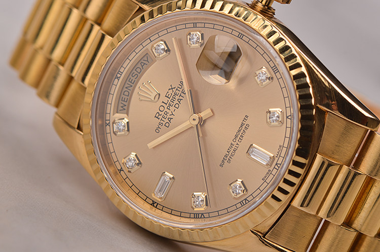 已售出【97新】劳力士DD全黄金刻度钻金色面自动机械男表18238