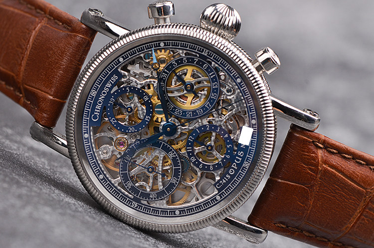 已售出【98新】瑞宝CHRONOSWISS全镂空计时日历自动皮带男表CH7523S-BL