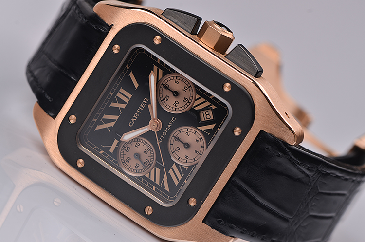 已售出【98新】卡地亚玫瑰金山度士100计时最大号自动机械男表W2020003