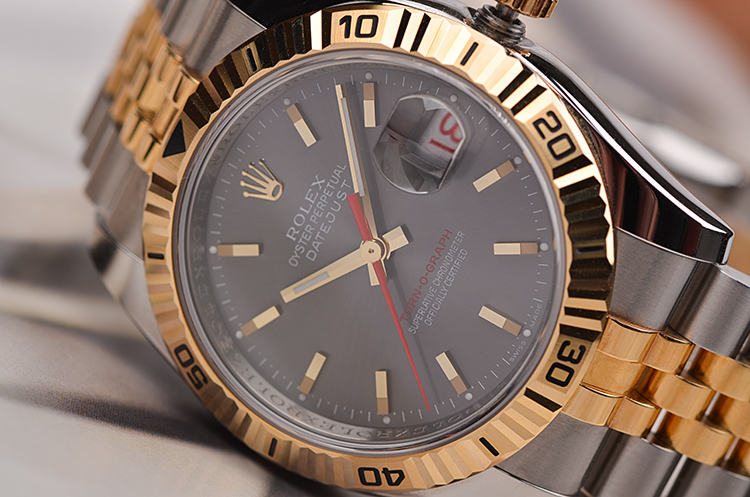 已售出【98新】劳力士爬山虎黄金及钢灰面大三针日历自动男表116263全套