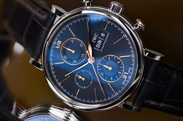 已售出【未使用品】万国柏涛菲诺蓝面双历计时自动机械皮带男表IW391036