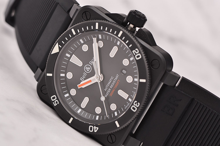 已售出【未使用品】柏莱士黑陶瓷大三针日历自动机械胶带男表BR03-92