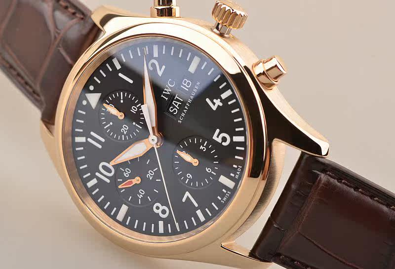 已售出【97新】IWC万国玫瑰金飞行员自动计时皮带男表IW371713盒证齐