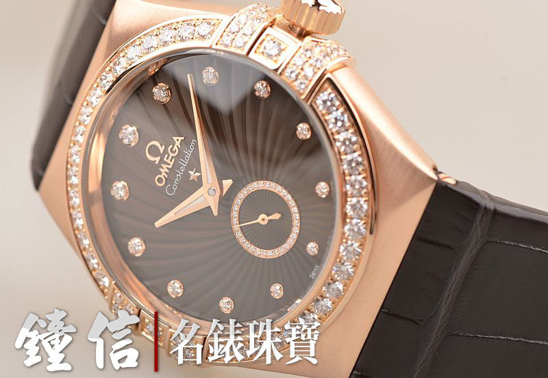 已售出【97新】欧米茄星座玫瑰金镶钻小三针自动机械折叠扣皮带女表