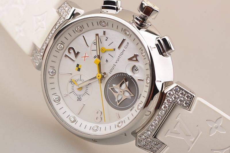 已售出【97新】LV路易威登TAMBOUR精钢镶钻贝母盘计时日历石英女表Q132H