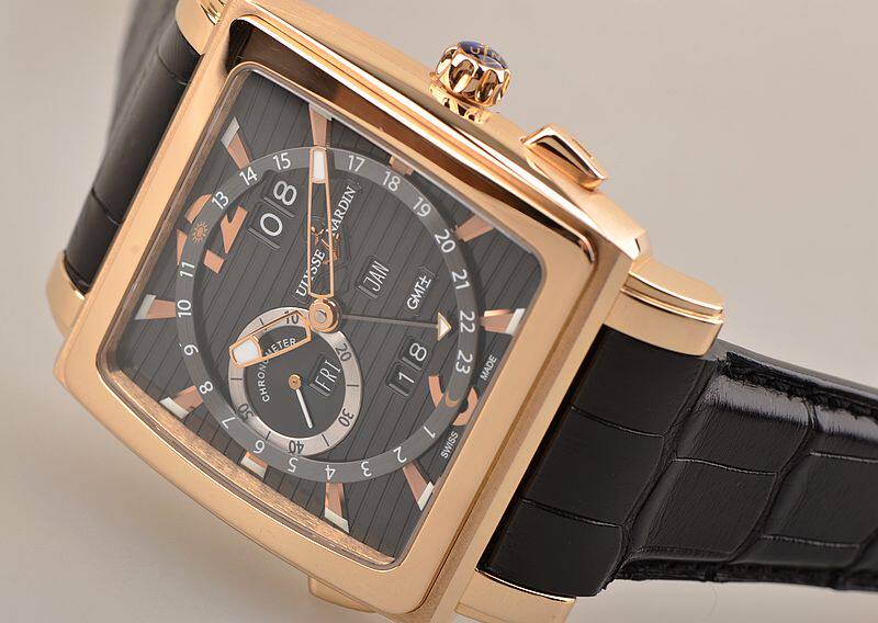 已售出【98新】雅典玫瑰金黑盘万年历GMT昼夜显示皮带男表326-90/92