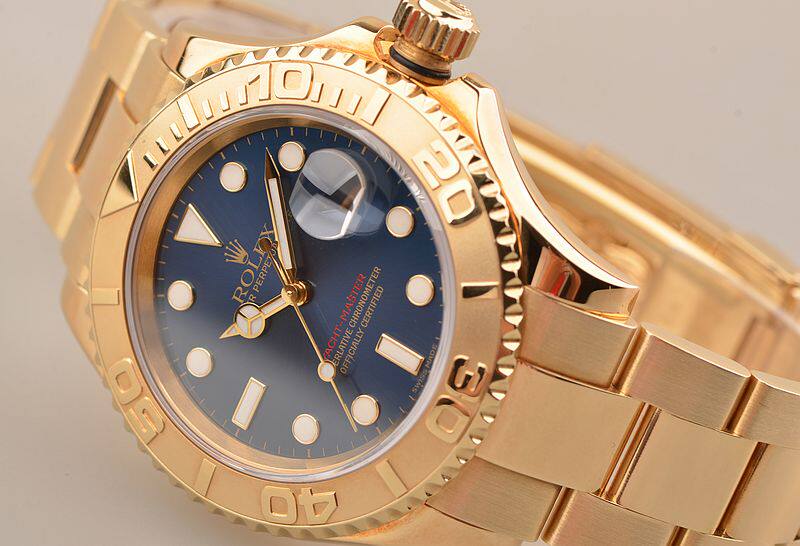 已售出【97新】劳力士游艇名仕全黄金蓝面大三针日历自动机械男表16628