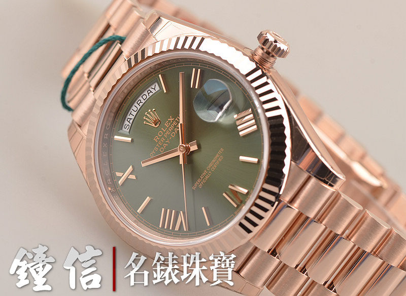 已售出【99新】劳力士奢华全玫瑰金绿盘星期日历型自动男表228235全附件