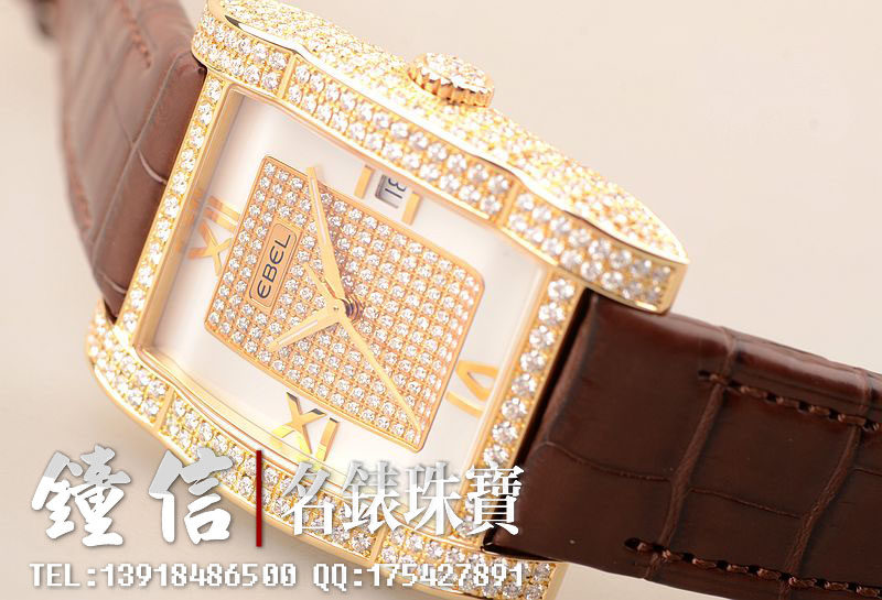 已售出【97新】EBEL玉宝黄金珍珠贝母镶钻自动机械皮带腕表