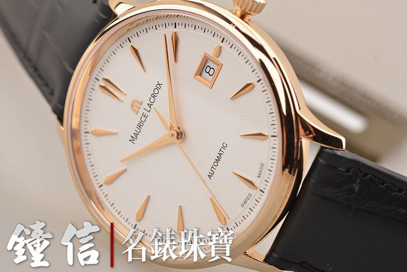 已售出【未使用品】艾美玫瑰金白盘大三针日历皮带男表LC6037-PG101-130