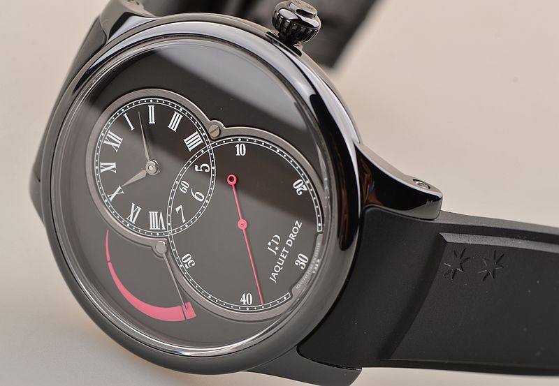 已售出【97新】雅克德罗限量黑陶瓷8字盘动显红秒针胶带男表J027035405