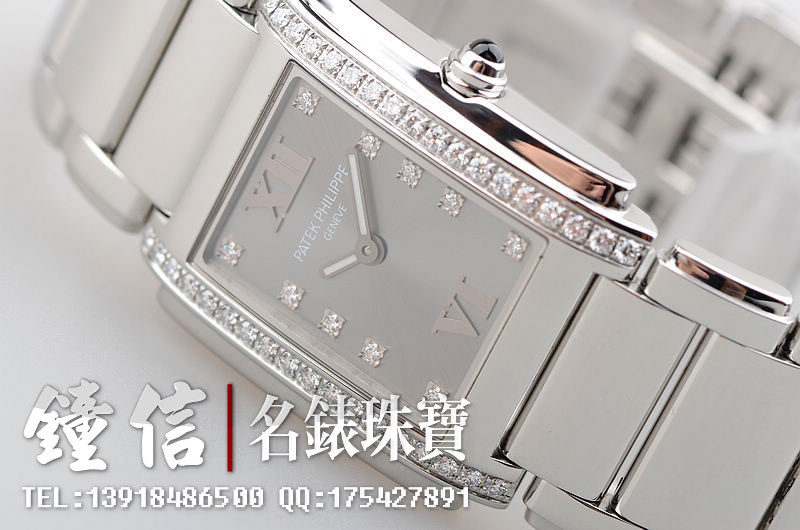 已售出【97新】百达翡丽Twenty-4精钢镶钻灰盘石英女表4910/10a-010有纸