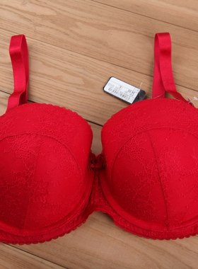 N072雨烟阁大码 本命年红色内衣 蕾丝簿棉半杯原单大罩杯文胸85F
