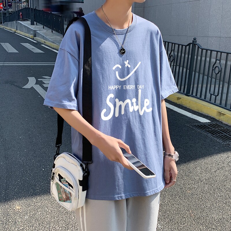 T1794P25港风室外纯棉2021男线条笑脸英文印花短袖T恤宽松T恤,男装T恤,星座510A-1