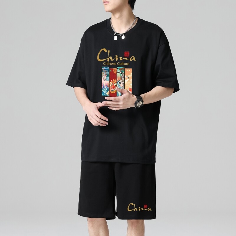 TZ3887轻奢时尚感男士短袖t恤男夏季薄款潮牌短裤休闲运动套装,男装休闲套装,星座510A-1