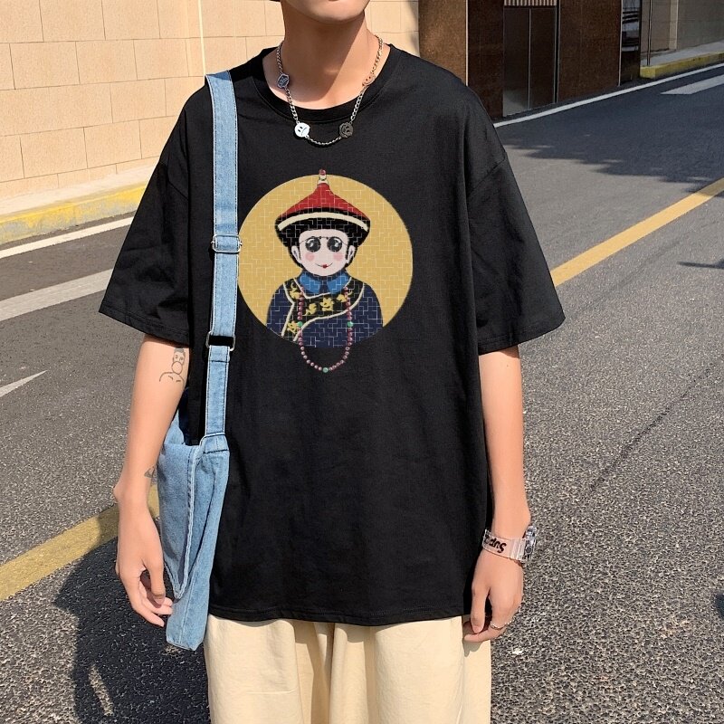 T3675P25已爆男港风T恤克莱因蓝T圆领卡通印花T恤落肩款宽松T恤,男装T恤,星座510A-1