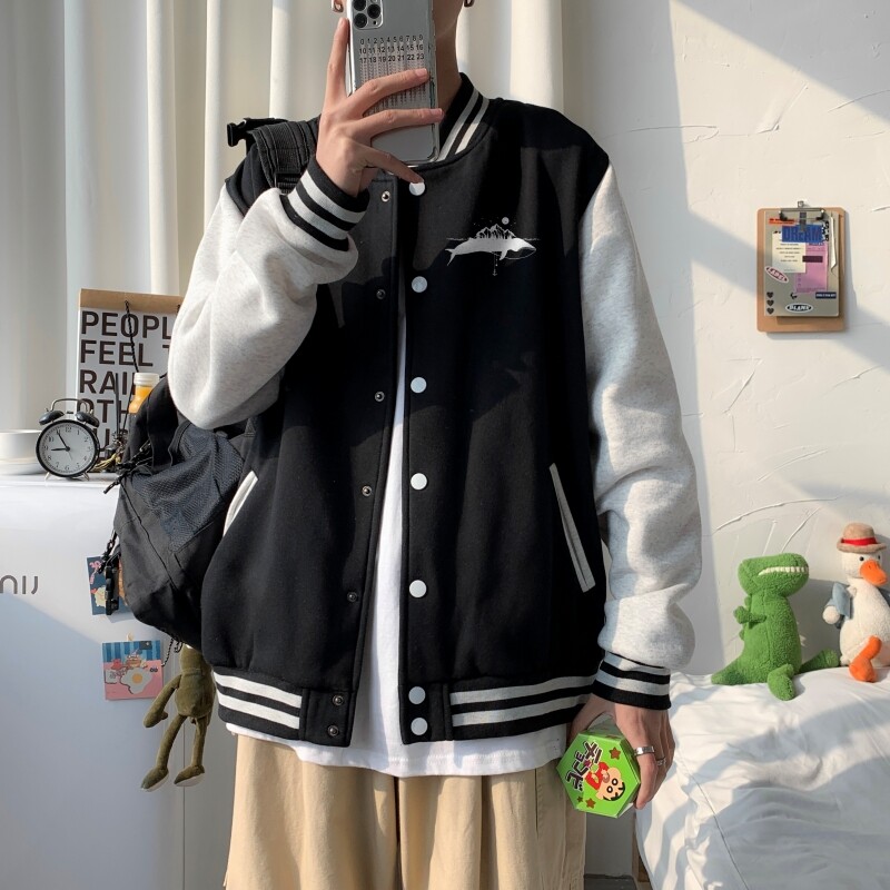 BQ3229P75潮胸前小标印花棒球服外套男港风潮牌休闲宽松夹克男图片