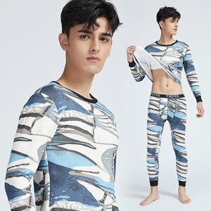 NI1268P38保暖牛奶绒长袖潮流印花拼色男加绒加厚保暖内衣套装图片
