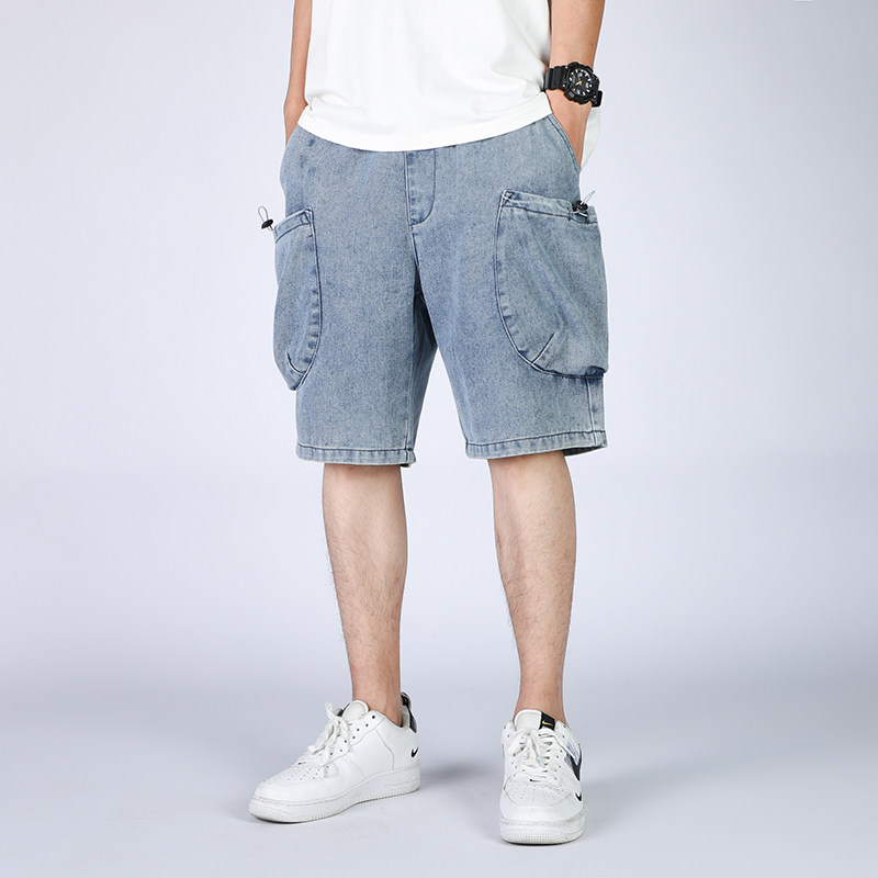 DN3628牛仔短裤男宽松休闲韩版日系港风潮牌大口袋工装短裤男图片